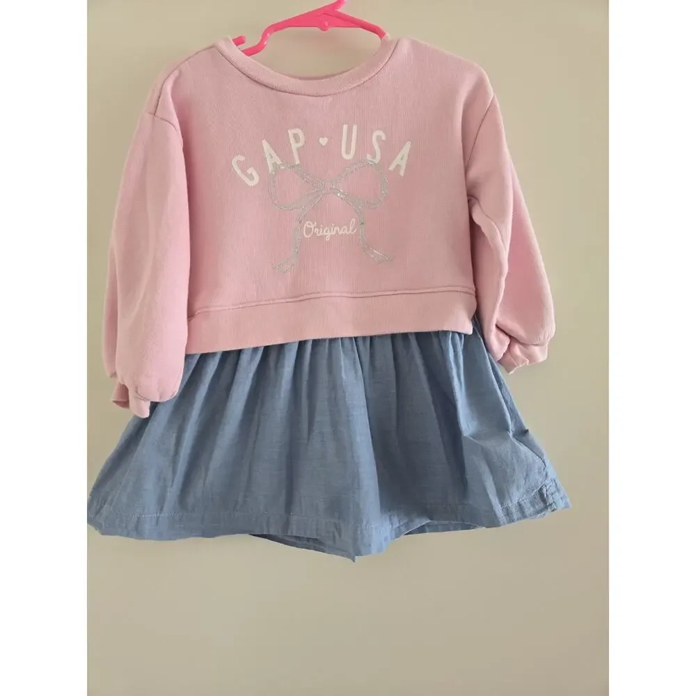 Baby Gap Girl Size 2T Dress Fleece Top Cotton Skirt Spring Summer USA Bow Print